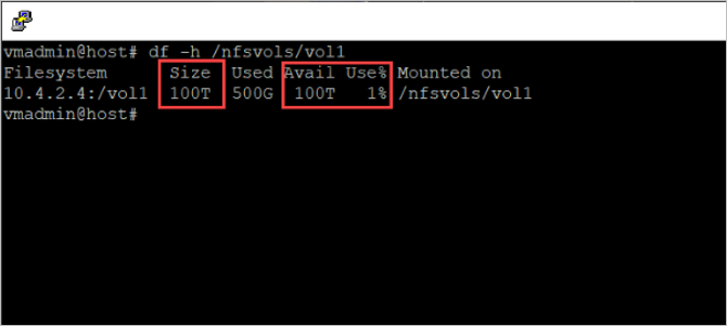 Screenshot that shows using Linux to display storage capacity for a volume before behavior change.