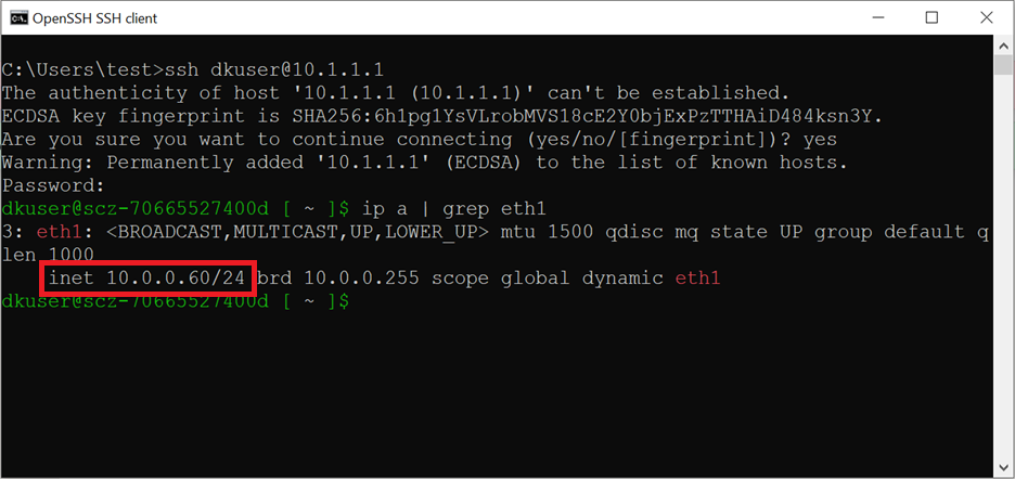 example of identifying local network IP in SSH terminal