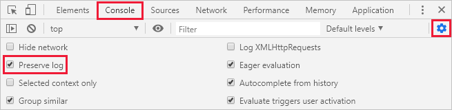 Screenshot that highlights the Preserve log option on the Console tab in Chrome.