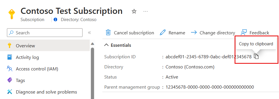 Screenshot showing the option to copy a subscription ID in the Azure portal.