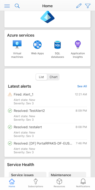Screenshot showing the notifications List view on Azure mobile app Home.