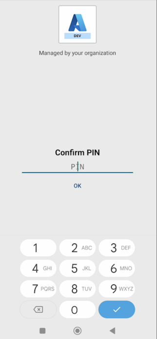 Screenshot of Intune MAM prompting the user to enter their PIN in the Azure mobile app.