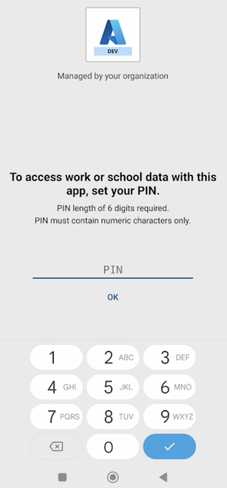 Screenshot of Intune MAM prompting the user to set up a PIN in the Azure mobile app.