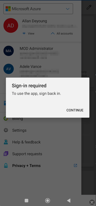 Screenshot of Intune MAM requiring a user to sign back in to the Azure mobile app.