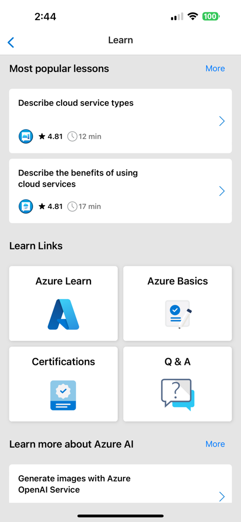 Screenshot of the Azure mobile app showing the most popular lessons from Microsoft Learn.