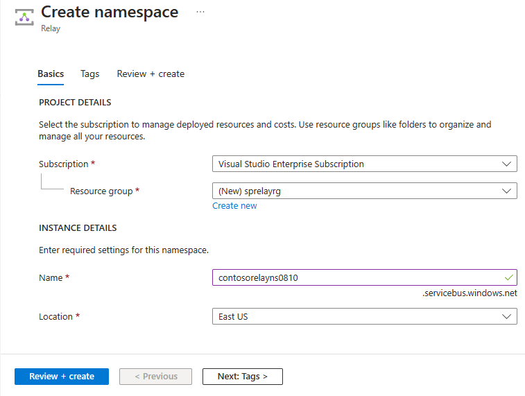 Screenshot showing the Create namespace page.