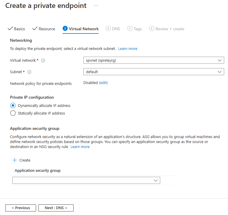 Screenshot showing the Virtual Network page of the Create a private endpoint wizard.