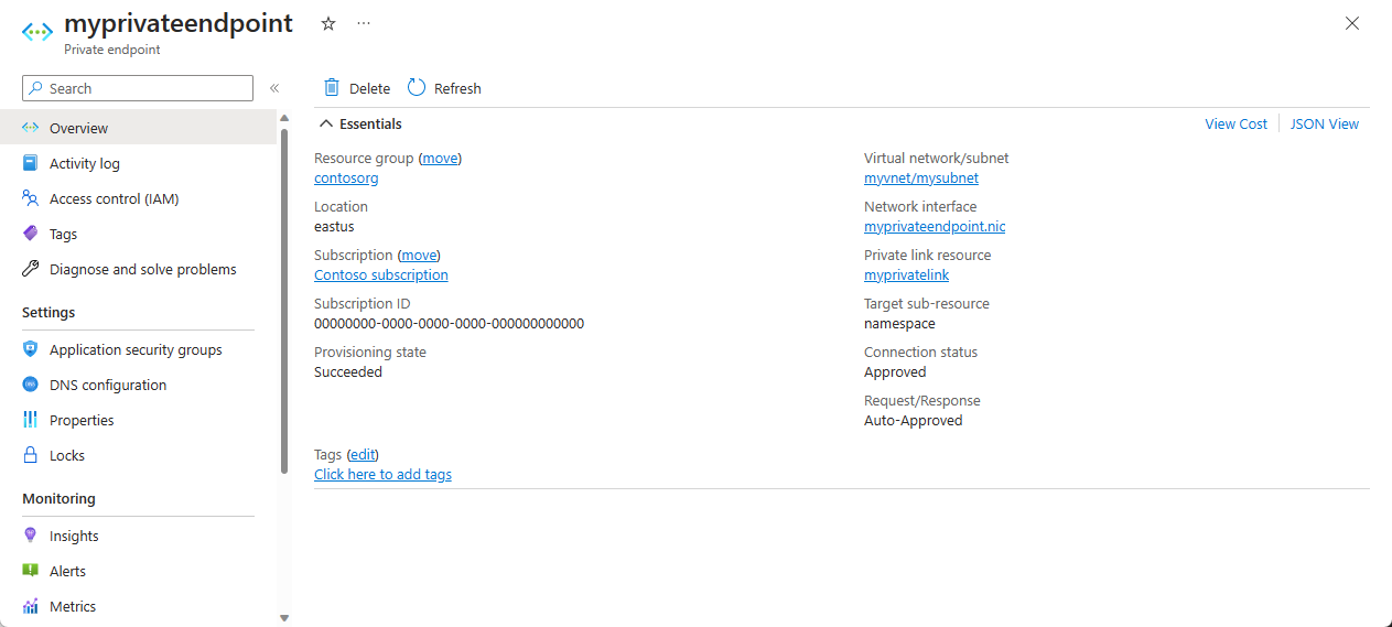 Screenshot showing the Private endpoint page in the Azure portal.