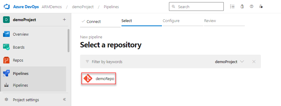 Screenshot of selecting repository.