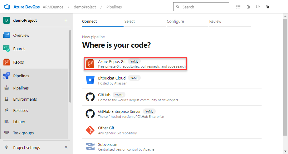 Screenshot of selecting code source.