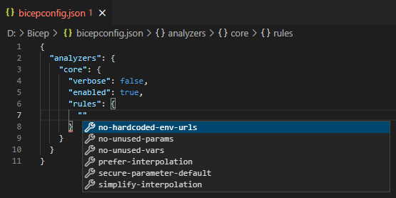 Screenshot of the intellisense support in configuring bicepconfig.json.