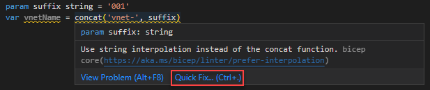 The screenshot of Prefer interpolation linter rule quick fix.