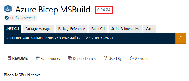 Screenshot showing how to find the latest Bicep NuGet package version.