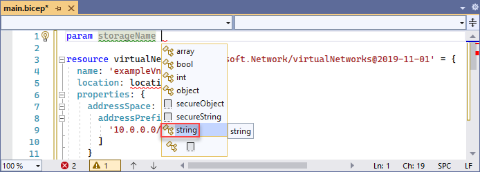 Screenshot of adding string type to parameter.