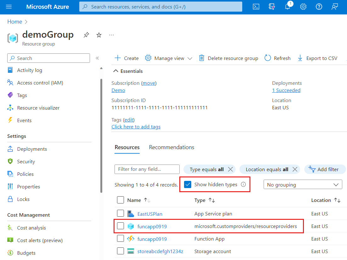 Screenshot of Azure portal displaying hidden resource types and resources deployed in a resource group.