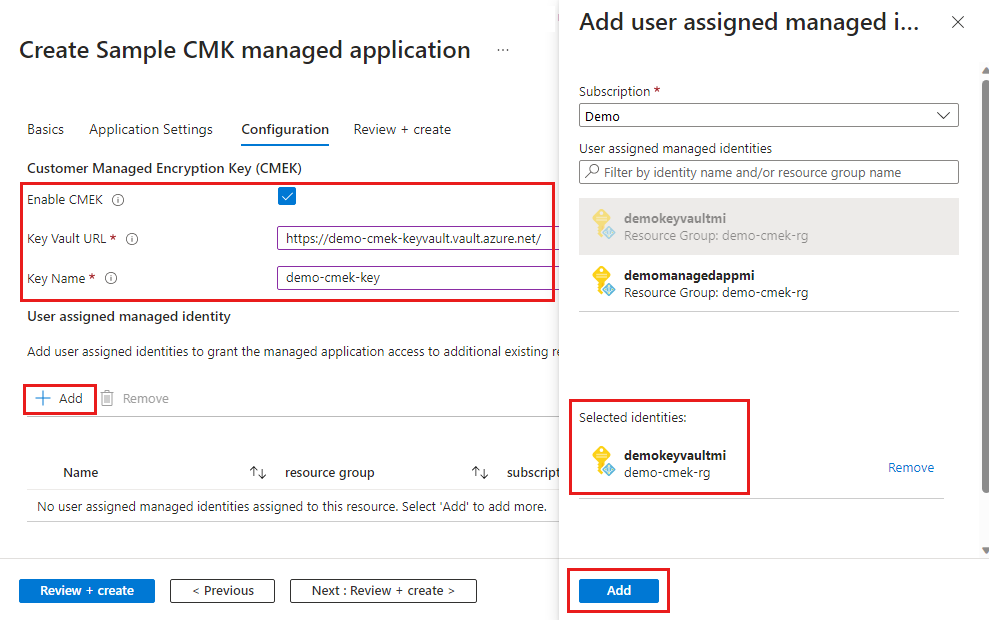 Screenshot of the Configuration to enable the customer-managed key, add key vault URL and key name, and add a user-assigned managed identity.