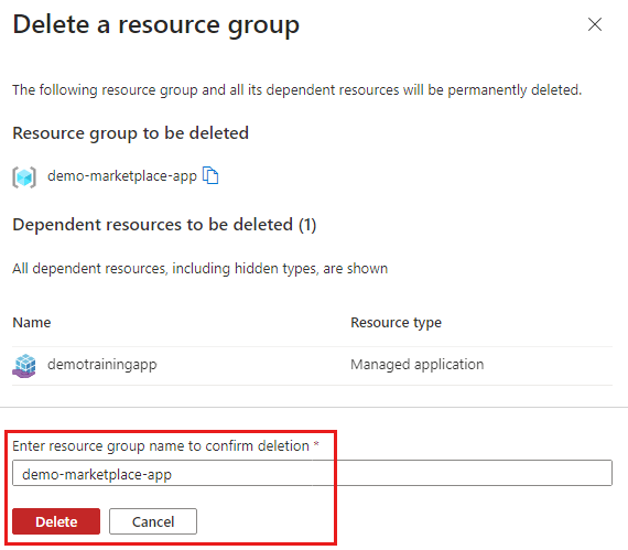 Screenshot that shows the delete resource group confirmation.