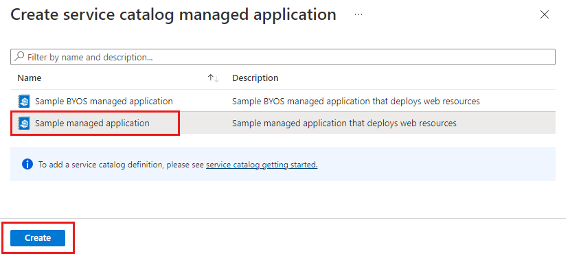 Screenshot that shows managed application definitions that you can select and deploy.
