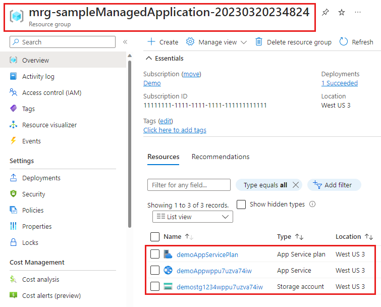 Screenshot that shows the managed resource group that contains the resource deployed by the managed application.