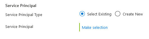 Screenshot of Microsoft.Common.ServicePrincipalSelector with select existing application option and authentication type displayed.