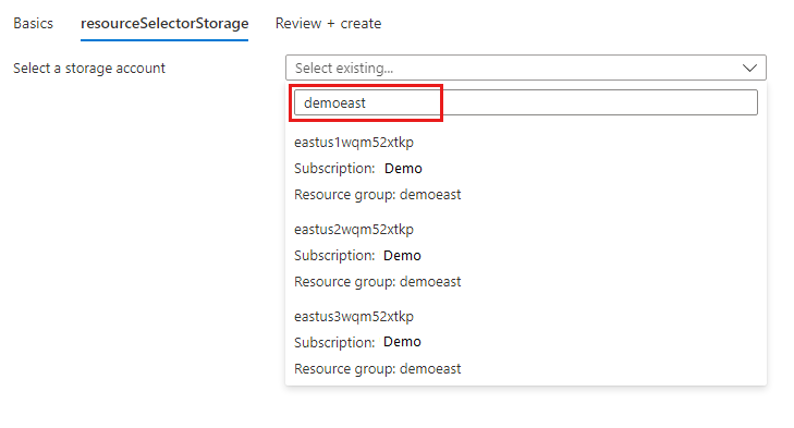 Screenshot of the resource selector list that filters by resource group name.
