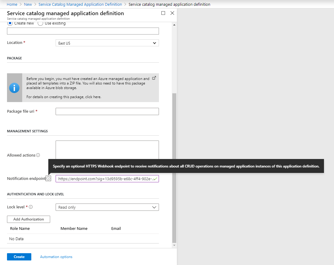 Screenshot of the Azure portal that shows a service catalog managed application definition and the notification endpoint.