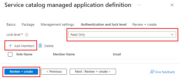 Screenshot of the authentication and lock level for the managed application definition.