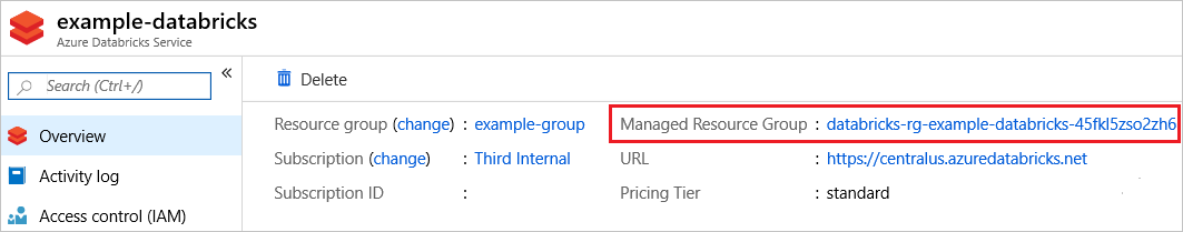 Screenshot displaying the Managed Resource Group link in the Azure portal.