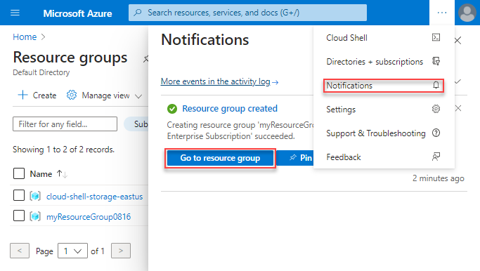 Screenshot of the Azure portal with the 'Go to resource group' button in the Notifications panel.