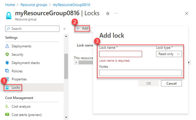 Screenshot of the Add Lock form in the Azure portal with fields for Lock name, Lock type, and Notes.