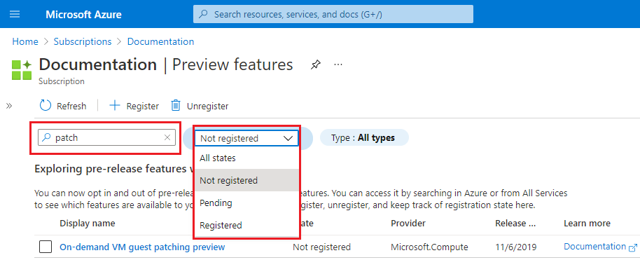 Screenshot of Azure portal with filter options for preview features.
