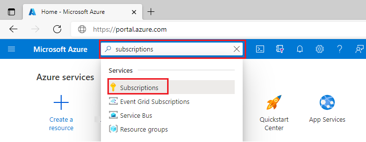 Screenshot of Azure portal search box with 'subscriptions' entered.
