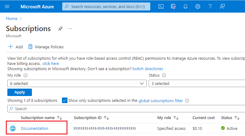 Screenshot of Azure portal with subscription selection highlighted.
