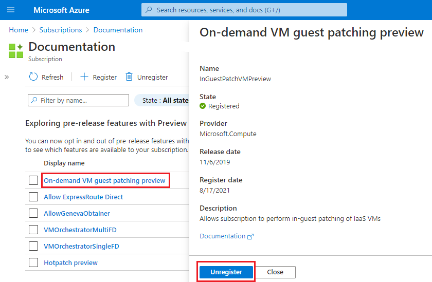 Screenshot of Azure portal with Unregister button for a preview feature.