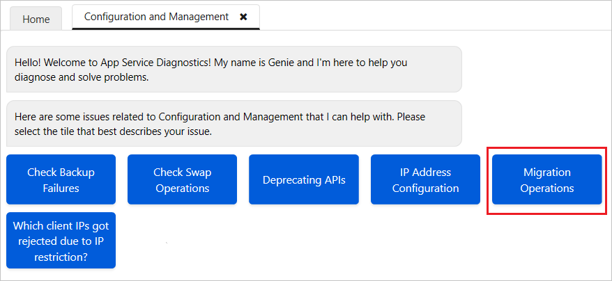 Screenshot of the Migration Options section in the Configuration and Management menu.