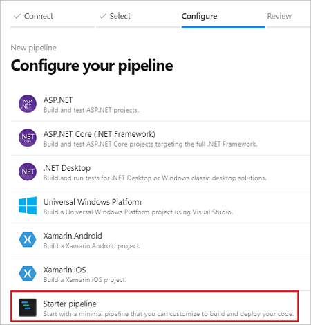 Screenshot of selecting the type of pipeline to create in Azure DevOps