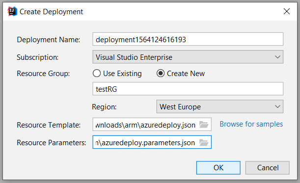 Screenshot of Resource Manager template select files to create deployment.
