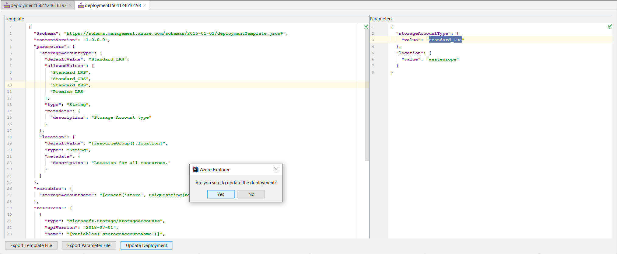 Screenshot shows the Resource Manager template with the Update Deployment prompt displayed.