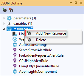Screenshot of the JSON Outline window highlighting the Add New Resource option.