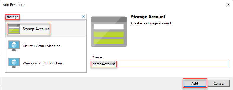Screenshot of the Add New Resource window with Storage Account selected.