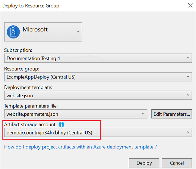 Screenshot of the Deploy to Resource Group dialog box with Artifact storage account selected.