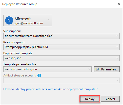 Screenshot of the Deploy to Resource Group dialog box in Visual Studio.