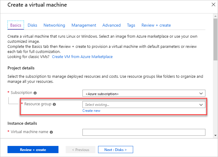 Screenshot of creating a Linux virtual machine and deploying it to a resource group in Azure portal