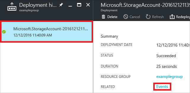 Screenshot of Azure portal showing a deployment name with the Related events link highlighted in the deployment history.