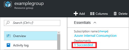 Screenshot of Azure portal highlighting the link to a resource group's deployment history in the Overview section.
