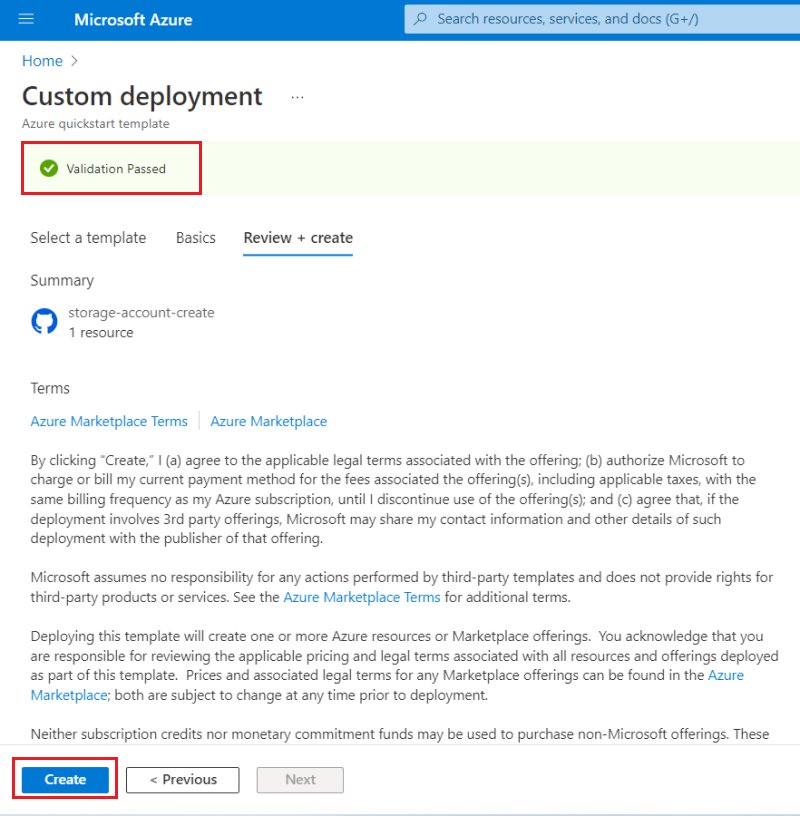 Screenshot of template validation and create button in Azure portal.