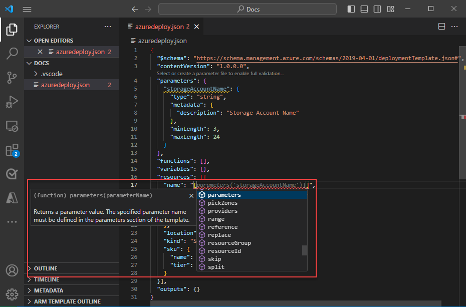 Screenshot showing auto-completion when using parameters in ARM template resources.