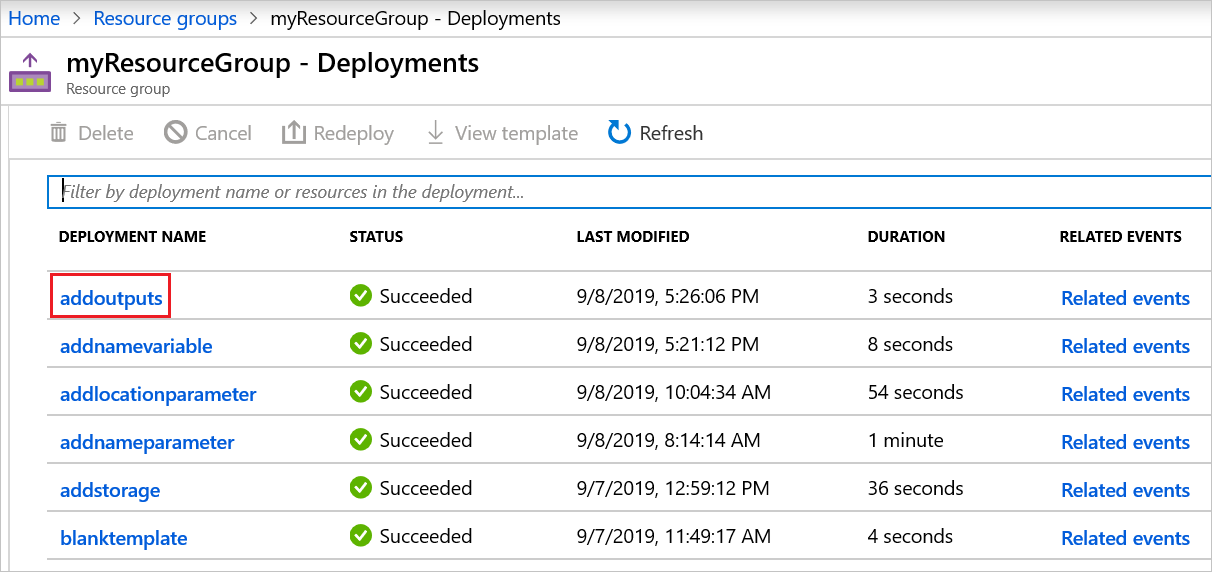 Screenshot of the Azure portal showing the deployment history.