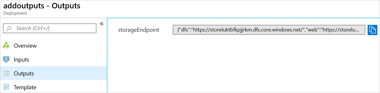 Screenshot of the Azure portal showing the deployment outputs.