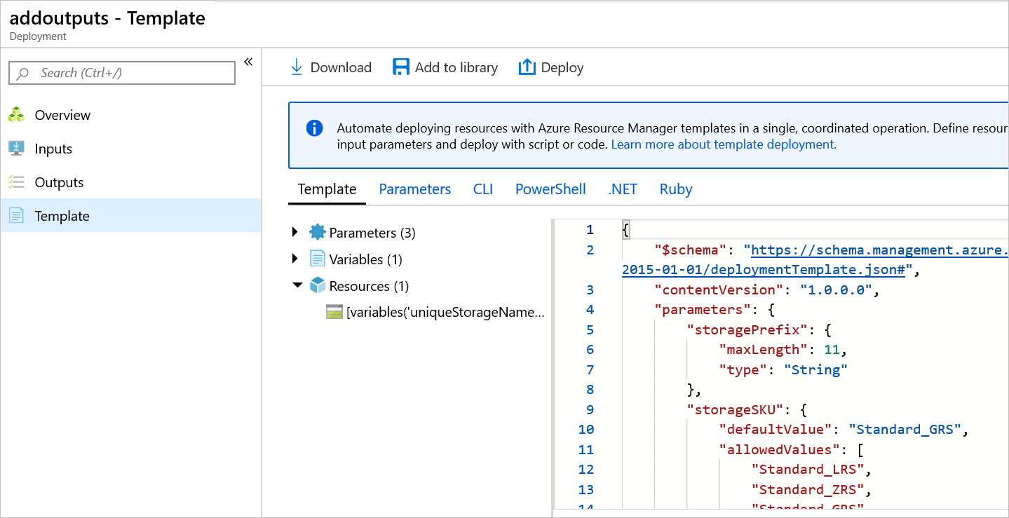 Screenshot of the Azure portal showing the deployment template.